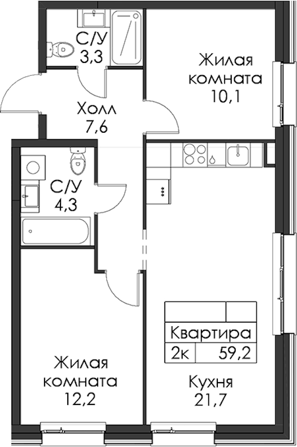 2-комнатная квартира 59.2 м², 3/8 эт., ЖК «Шкиперский 19»